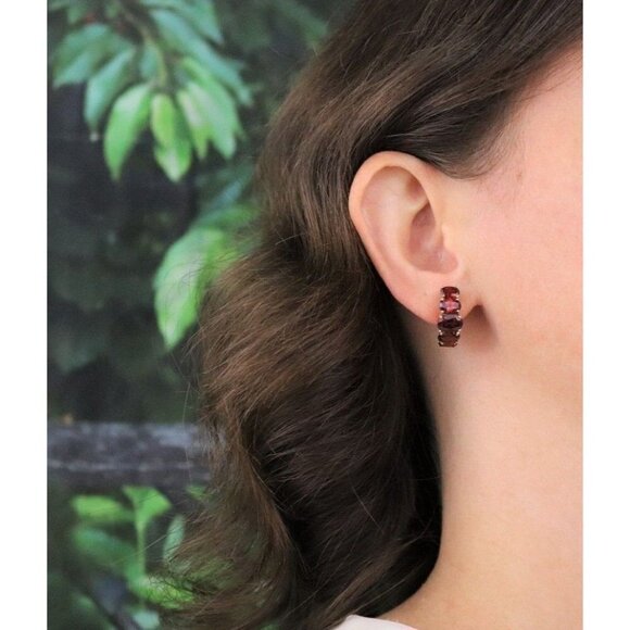 10k Yellow Gold Natural Garnet Earrings Half Hoop Earrings - Picture 3 of 7